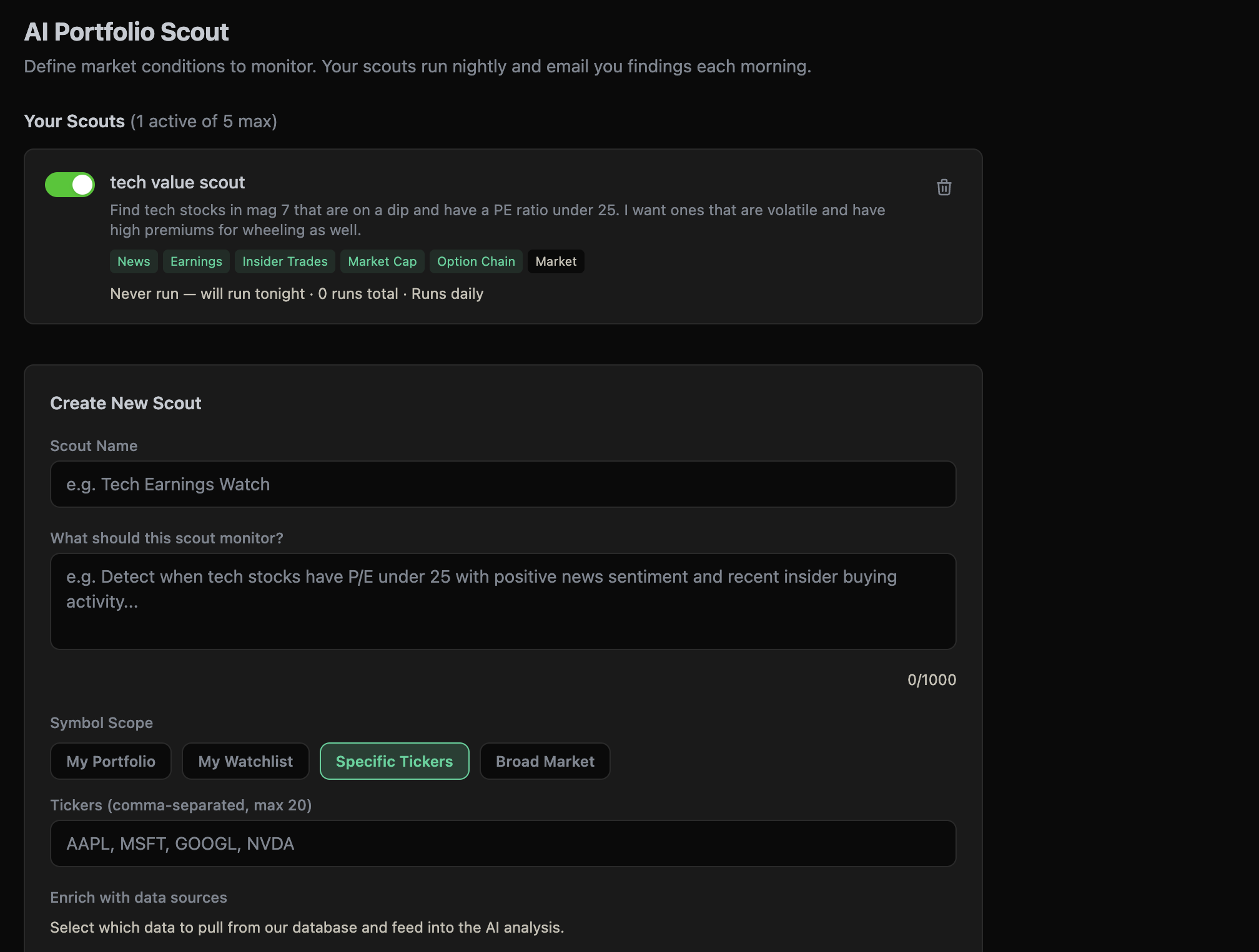 AI Portfolio Scout interface showing scout creation form with data source pills and symbol scope options