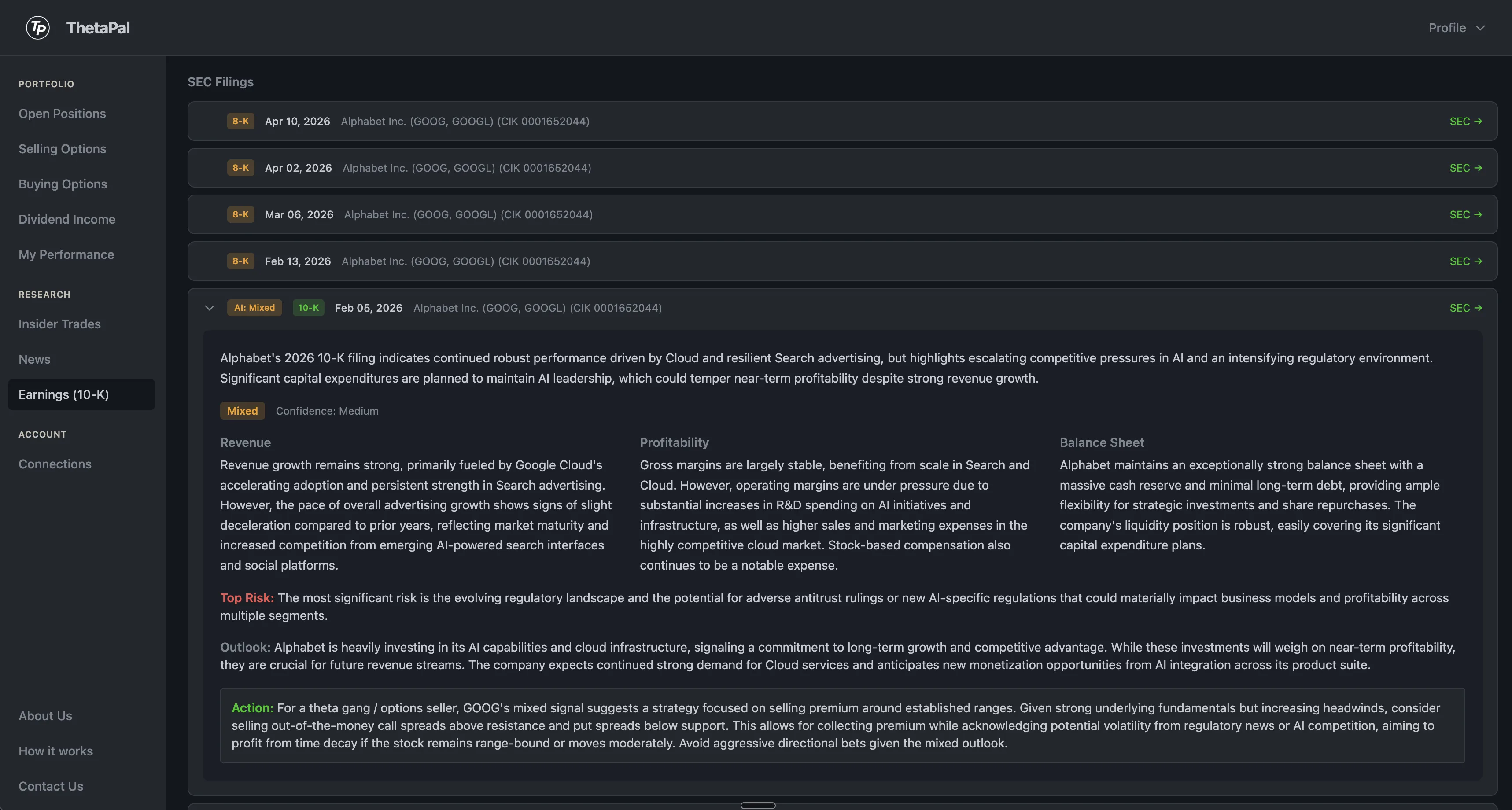 AI analysis of a 10-K filing showing revenue, profitability, balance sheet, risks, and investor action