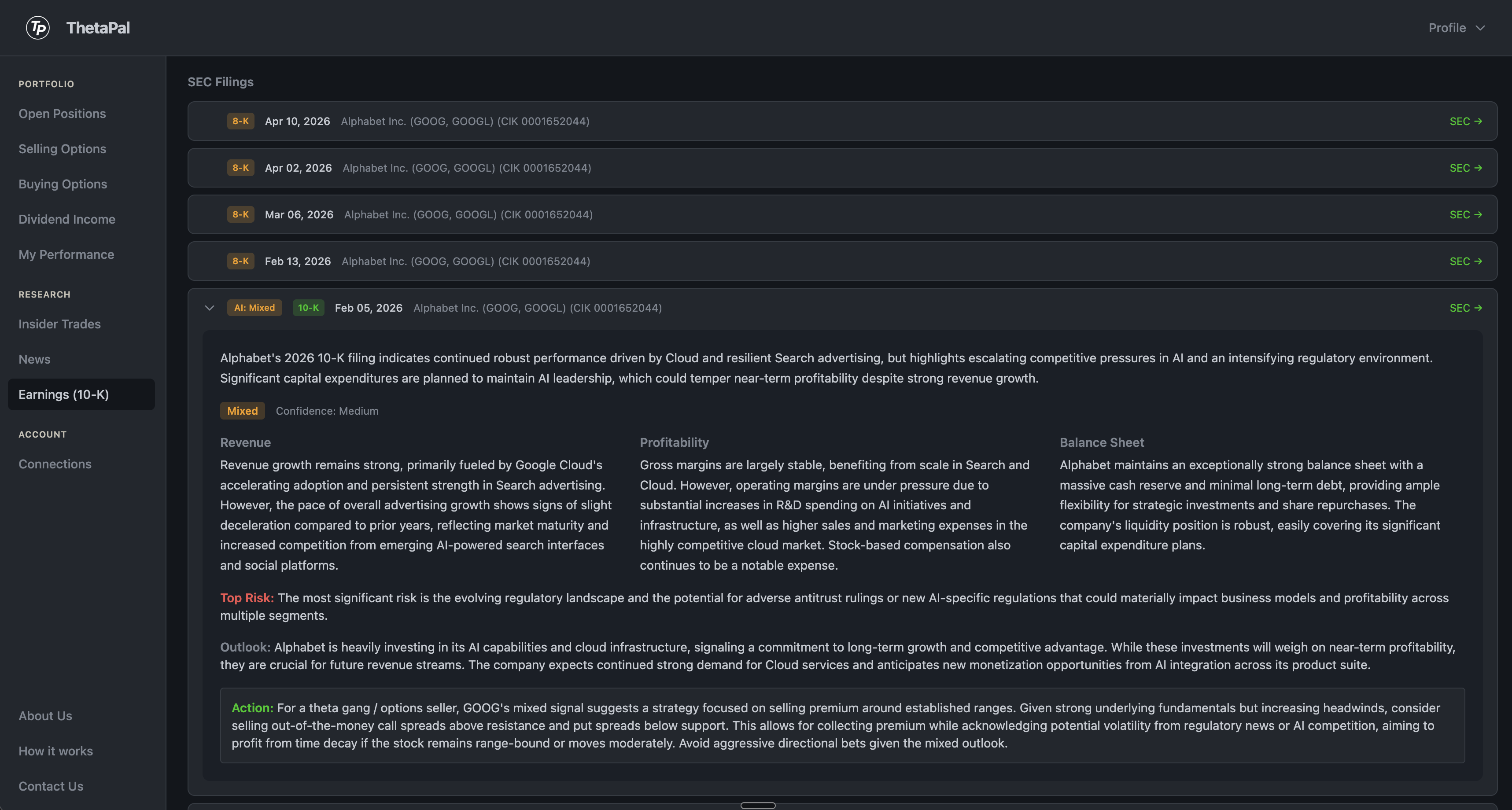 AI analysis of a 10-K filing showing revenue, profitability, balance sheet, risks, and investor action