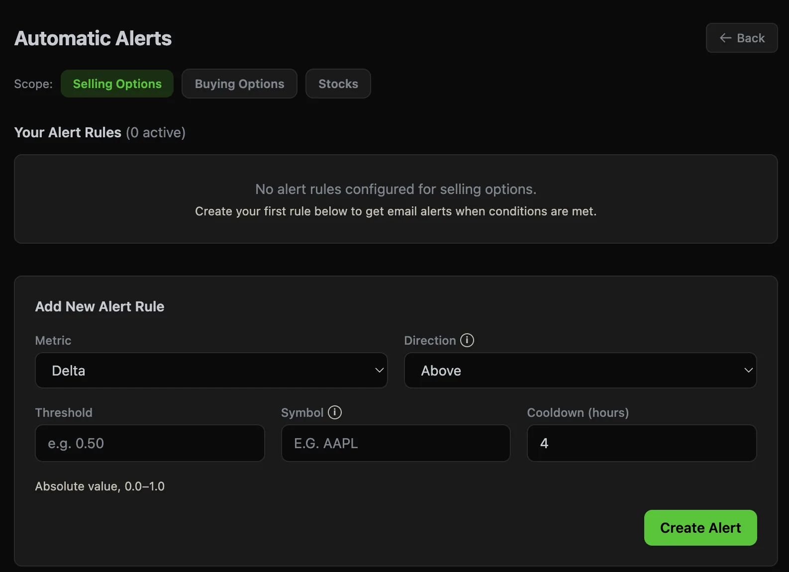 ThetaPal Automatic Alerts interface showing alert rule creation with metric, direction, threshold, symbol filter, and cooldown settings