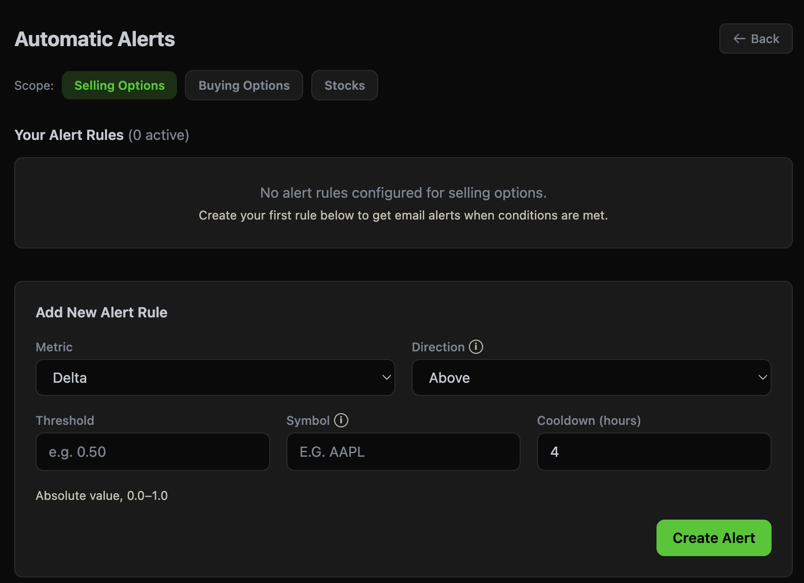 ThetaPal Automatic Alerts interface showing alert rule creation with metric, direction, threshold, symbol filter, and cooldown settings