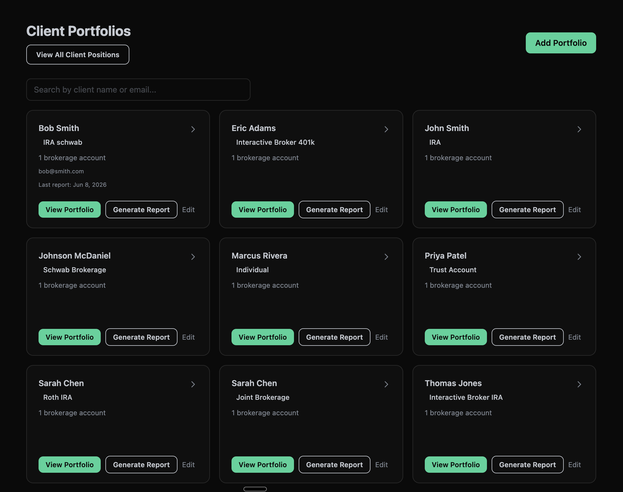 ThetaPal enterprise client portfolio dashboard showing positions, P&L, and account details