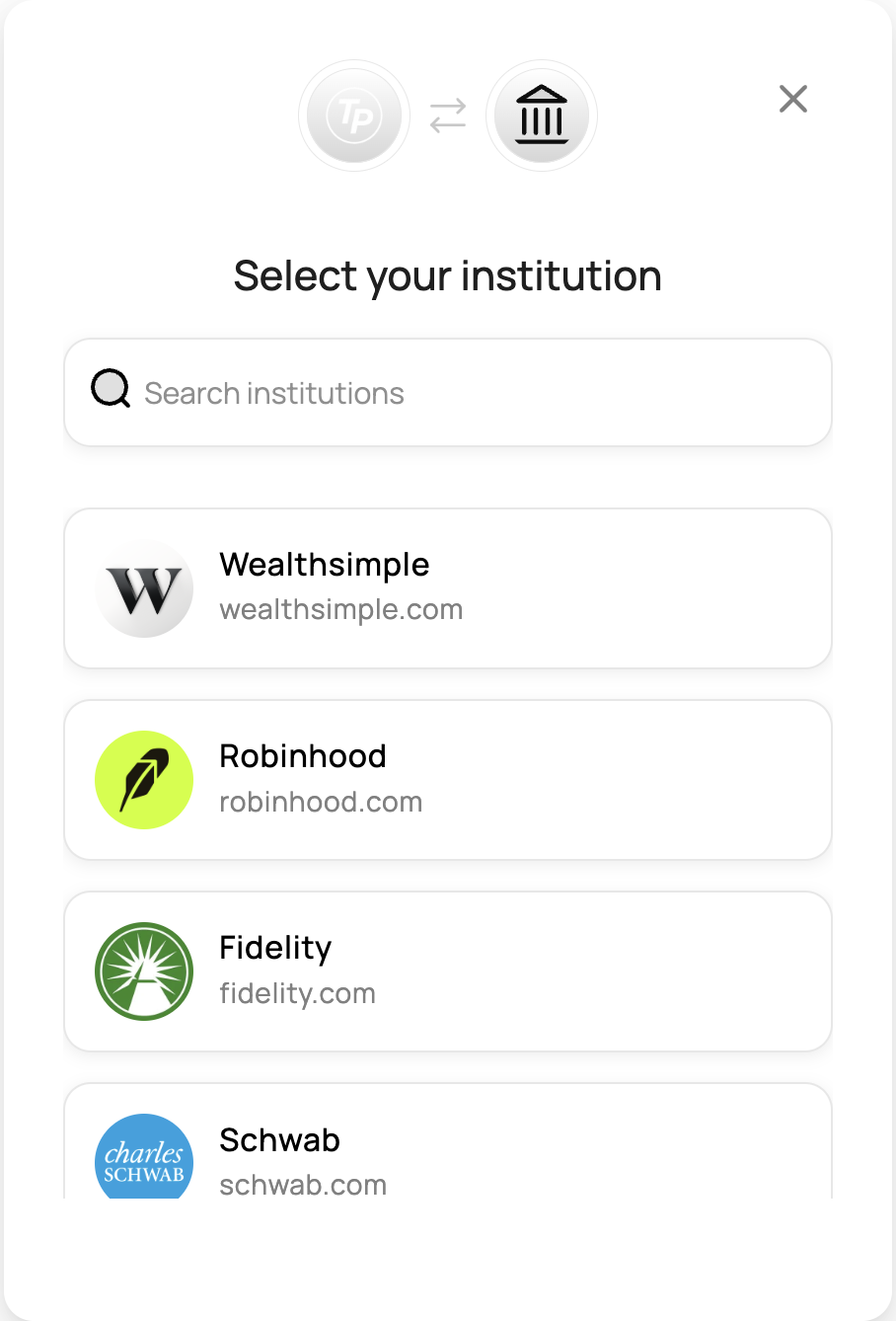 ThetaPal brokerage connection screen showing search for Wealthsimple, Robinhood, Fidelity, and Schwab