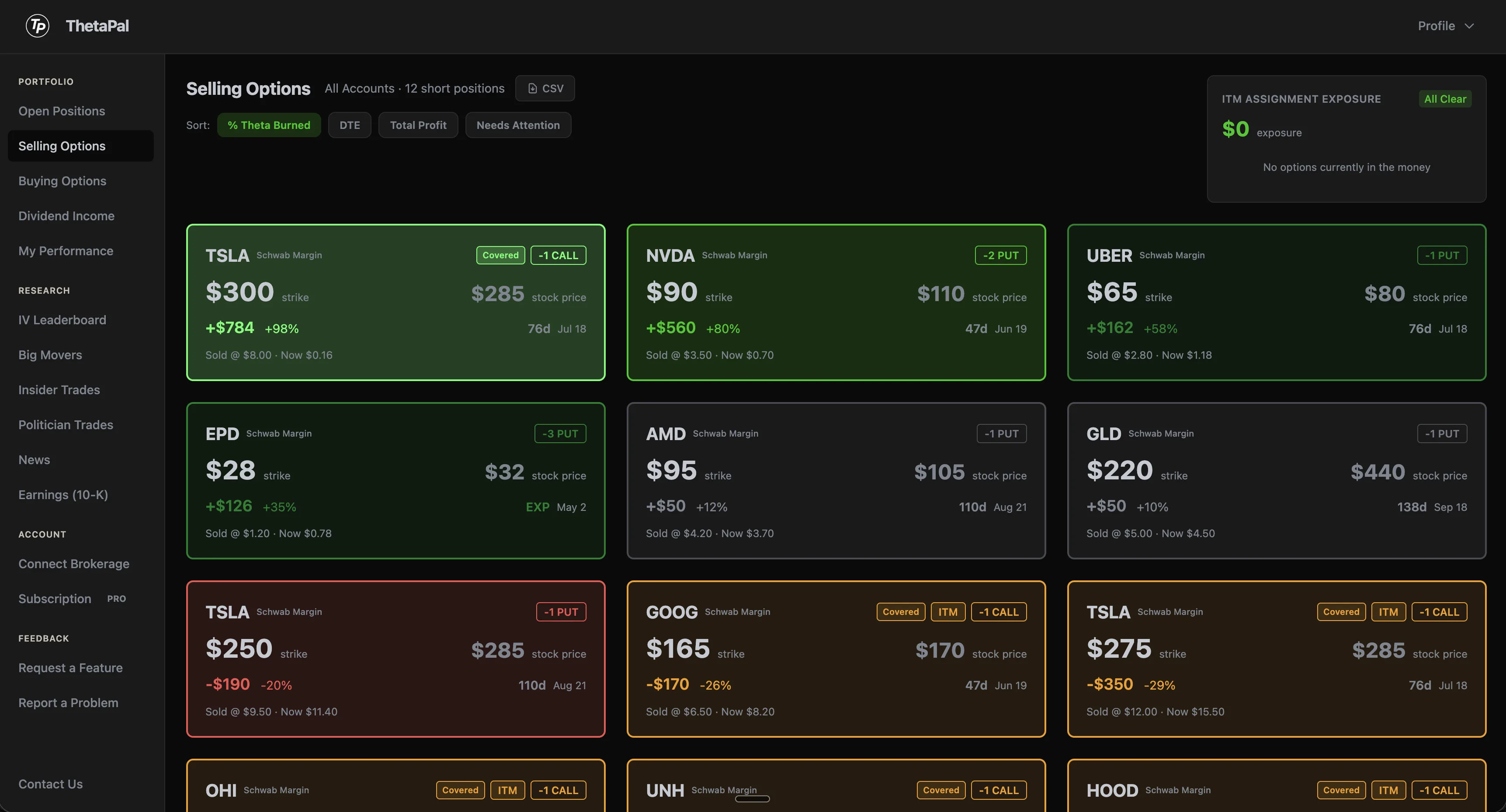 Selling Options dashboard with color-coded option tiles, covered calls, and P&L