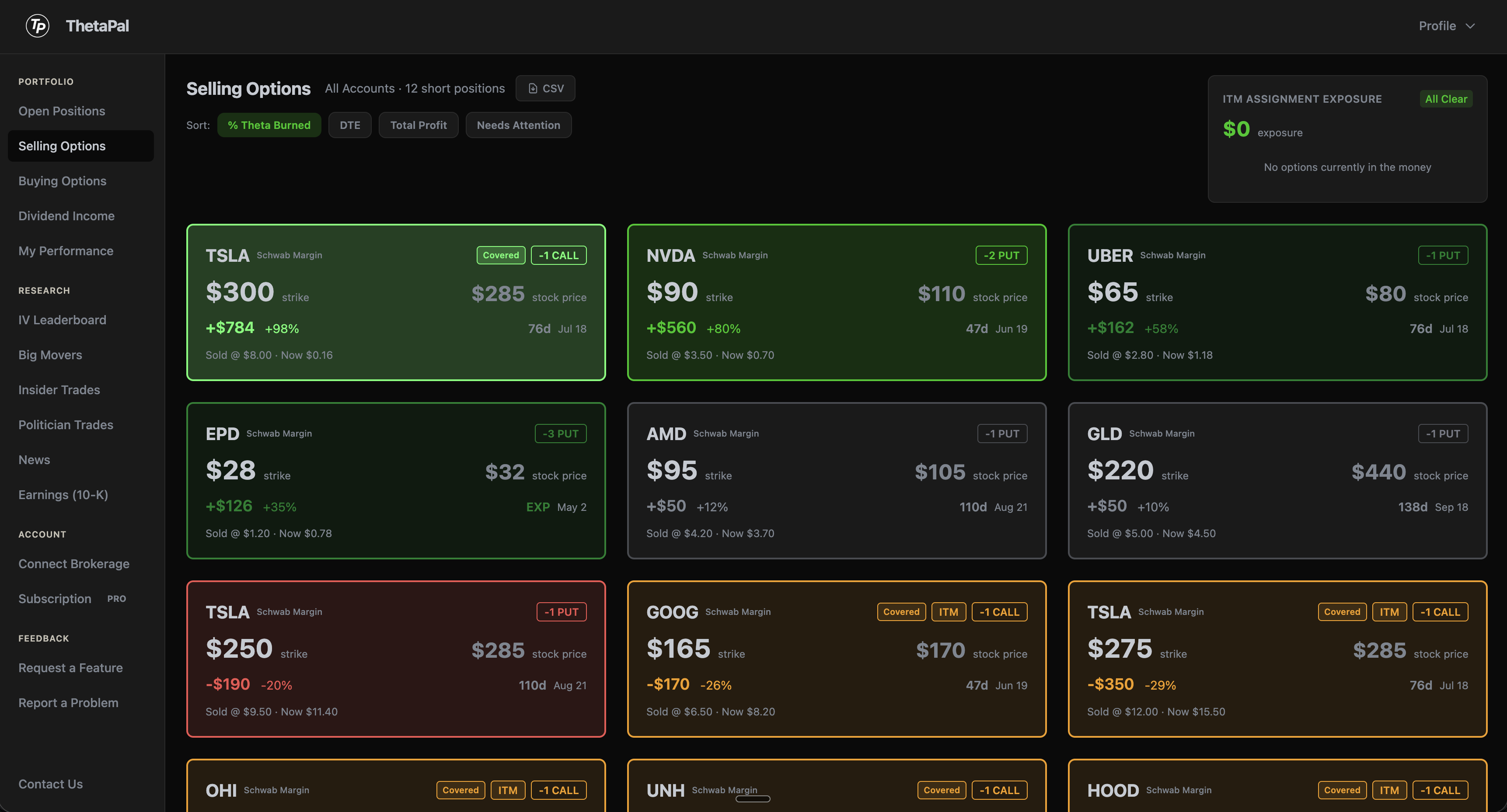Selling Options dashboard with color-coded option tiles, covered calls, and P&L