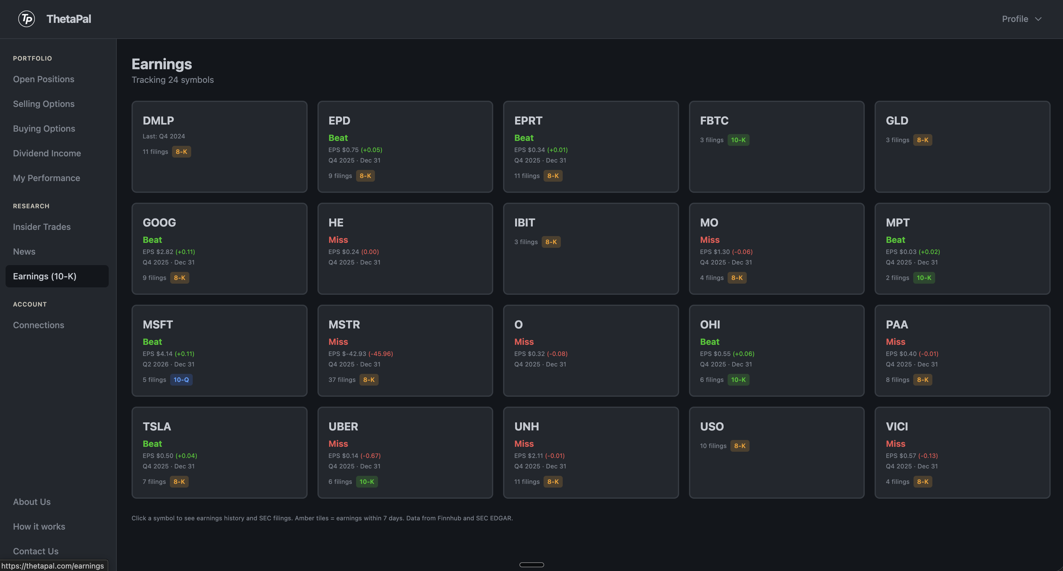 Earnings page with beat/miss indicators and SEC filing badges