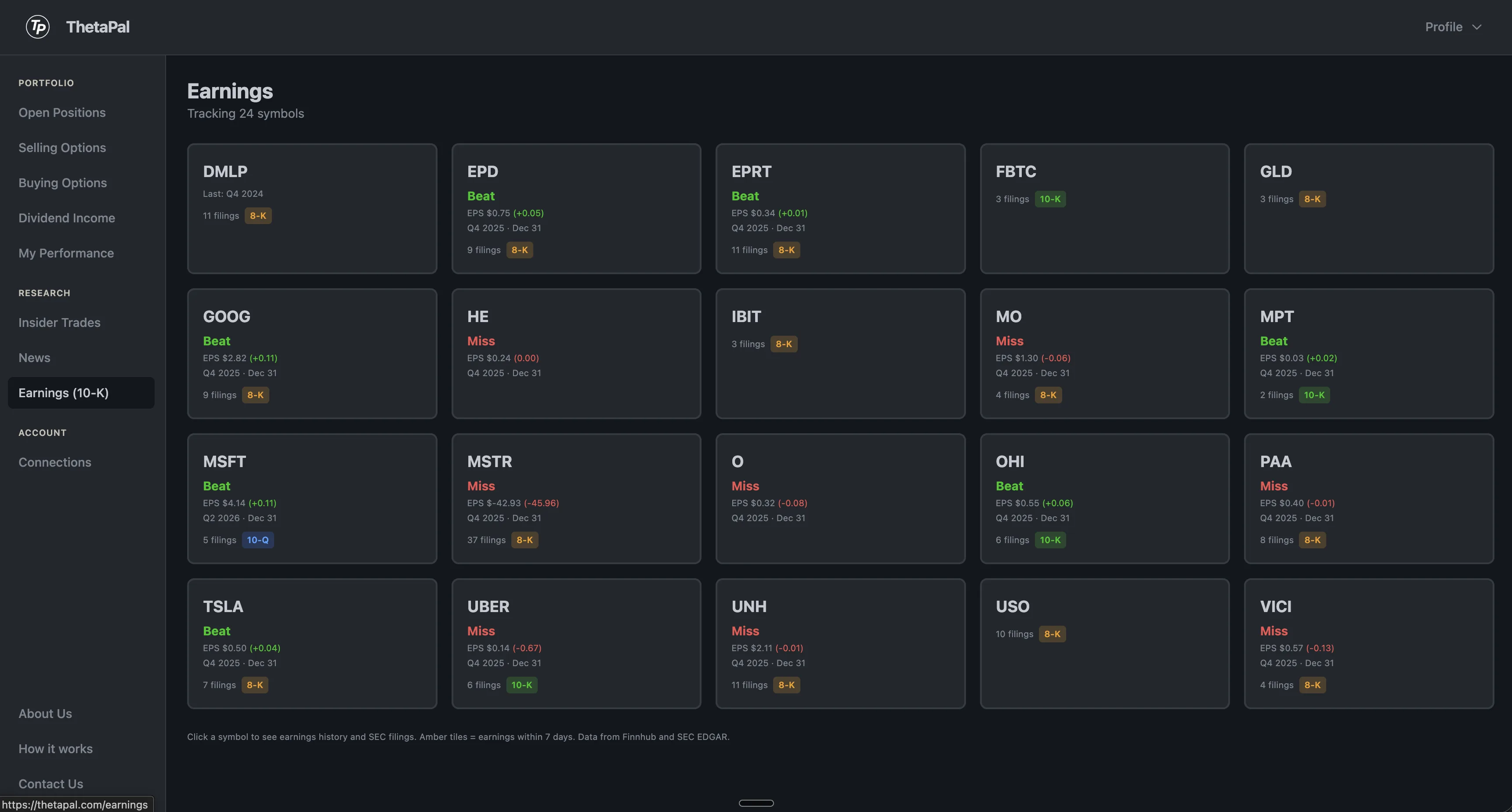 Earnings page with beat/miss indicators and SEC filing badges
