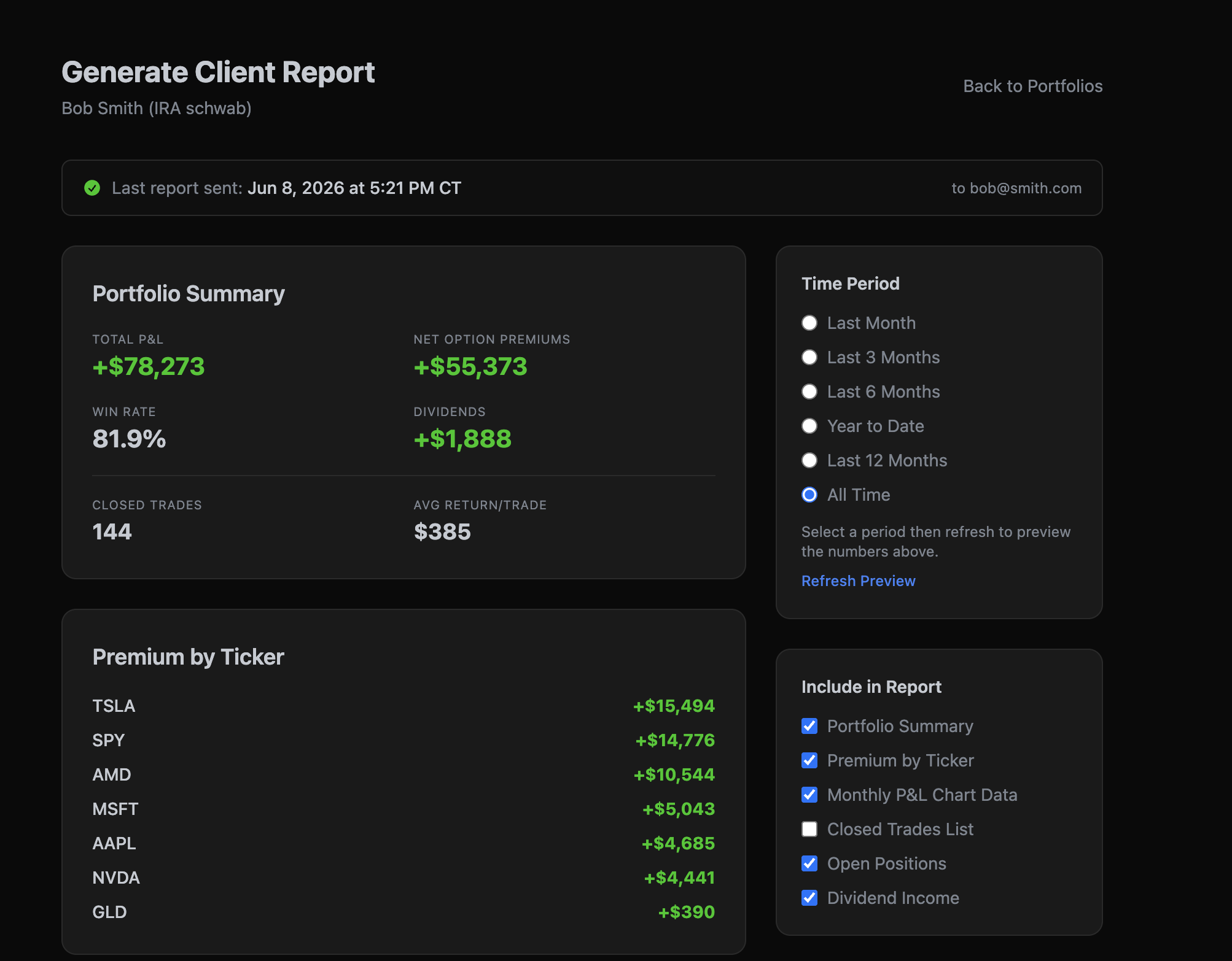 ThetaPal client performance report generation with customizable sections