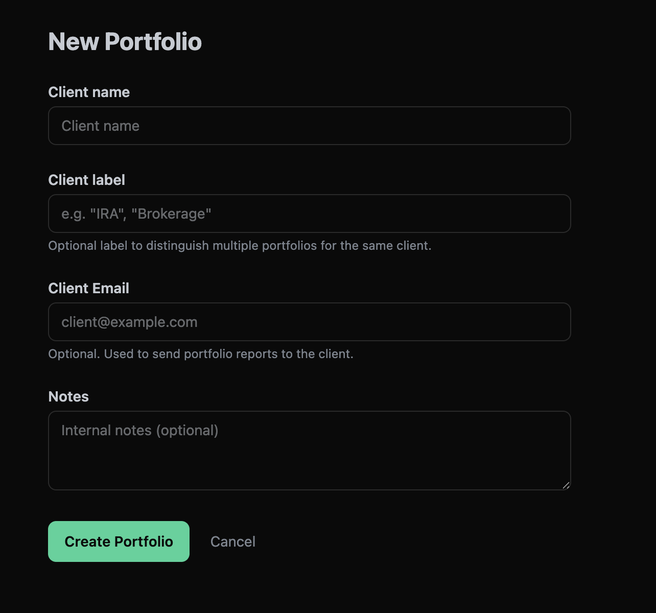 ThetaPal new client portfolio creation form