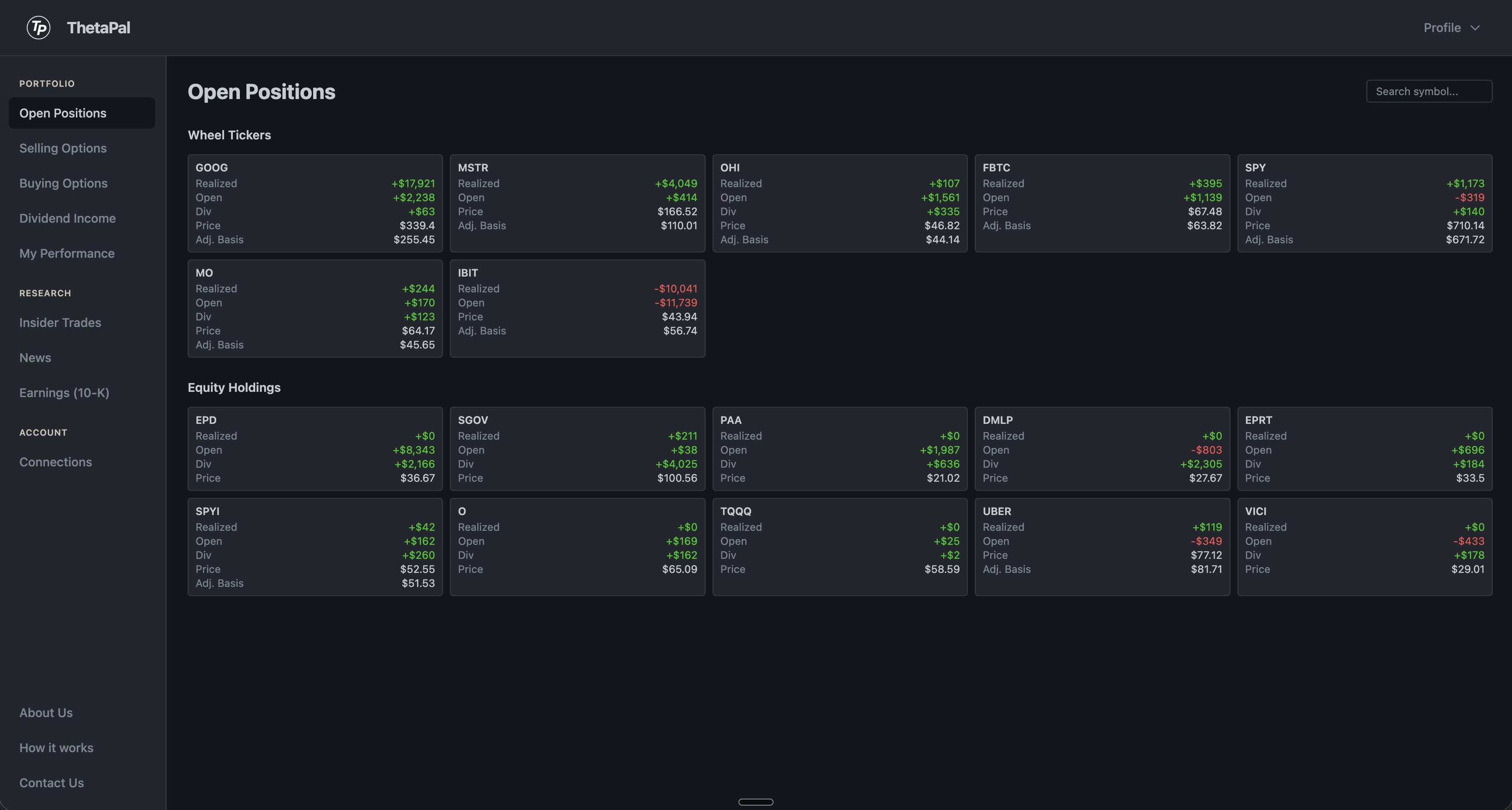 Open Positions dashboard showing Wheel Tickers and Equity Holdings
