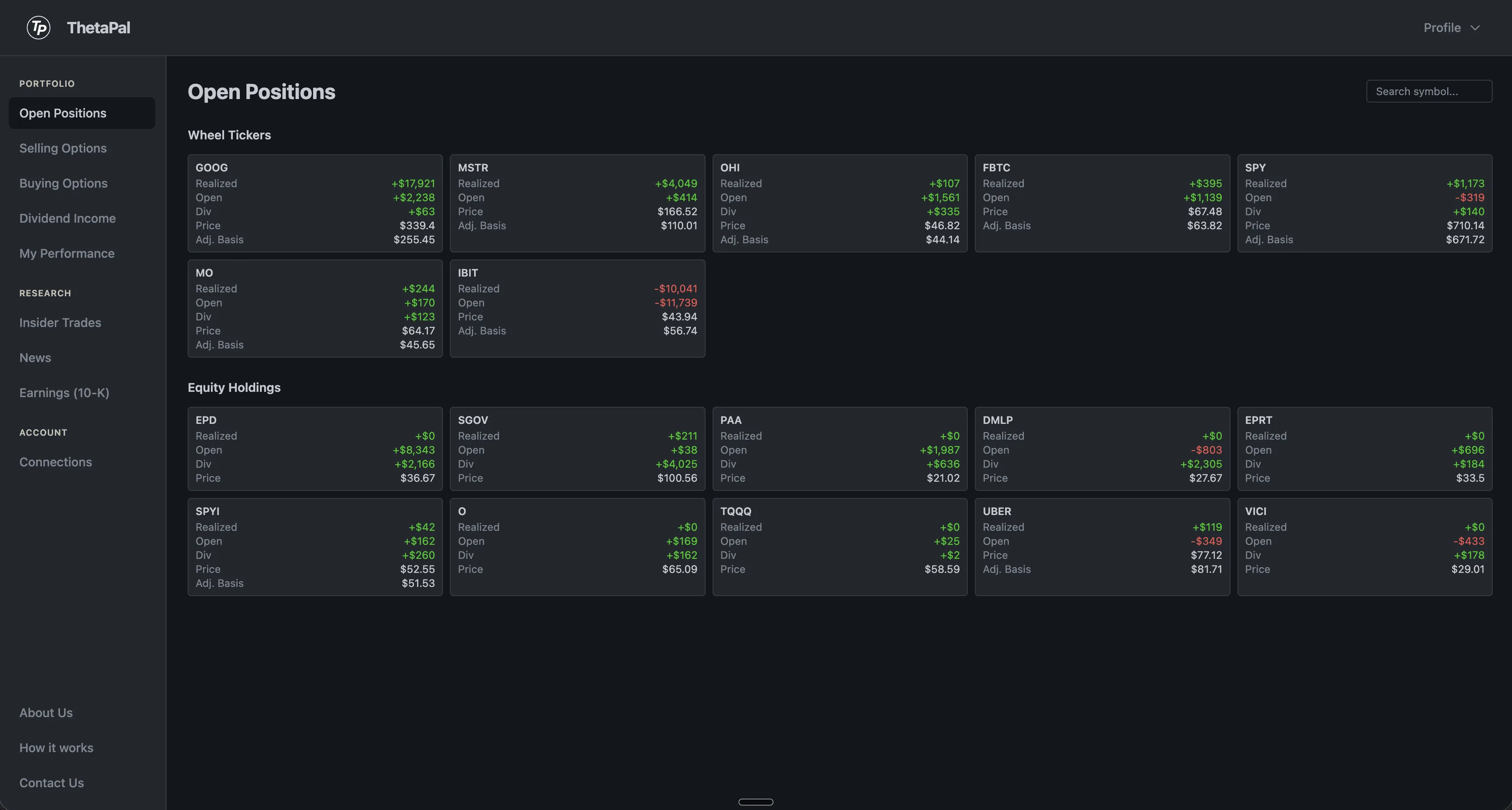 Open Positions dashboard showing Wheel Tickers and Equity Holdings