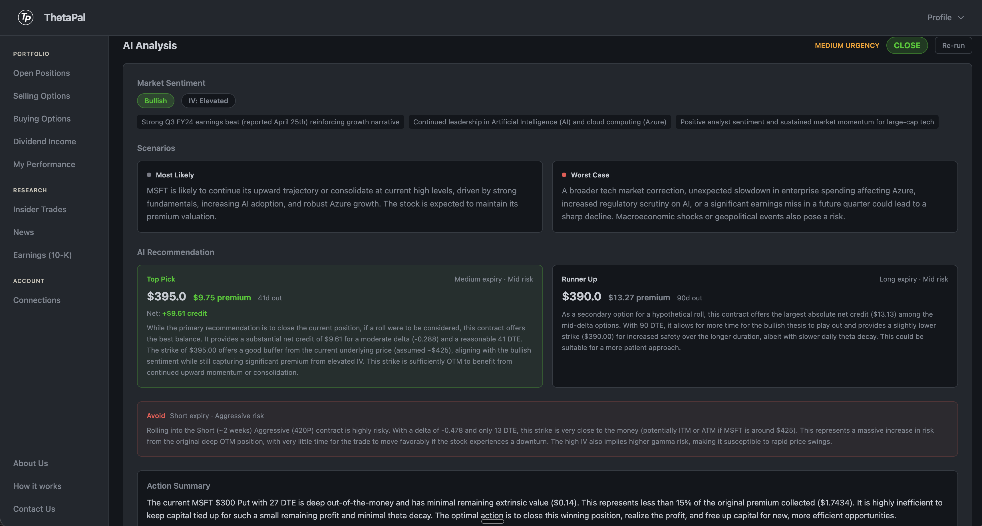 AI-powered analysis showing market sentiment, bull and bear scenarios, and trade recommendation for options roll