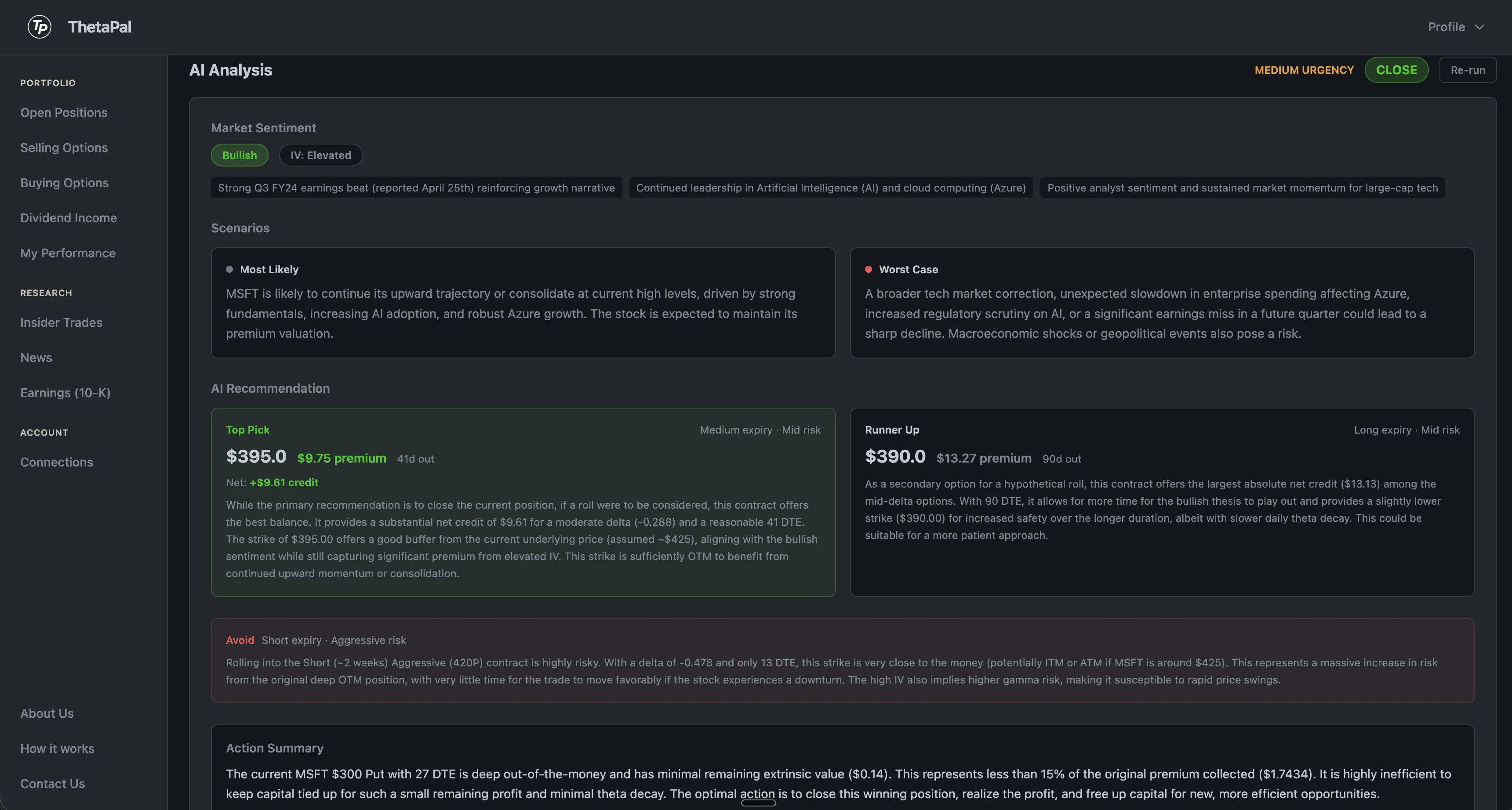 AI-powered analysis showing market sentiment, bull and bear scenarios, and trade recommendation for options roll