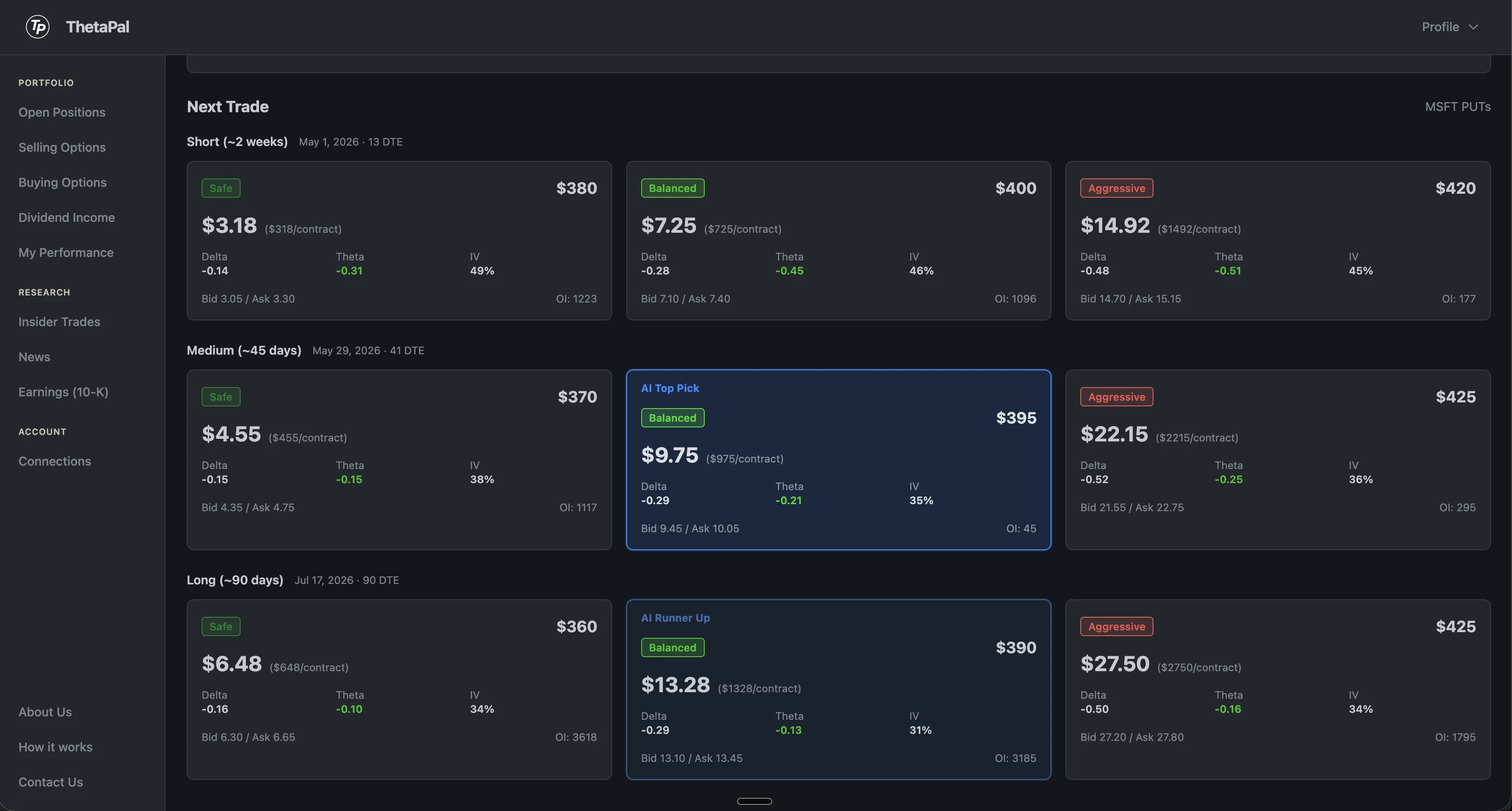 9-option recommendation grid with Safe, Balanced, and Aggressive tiers