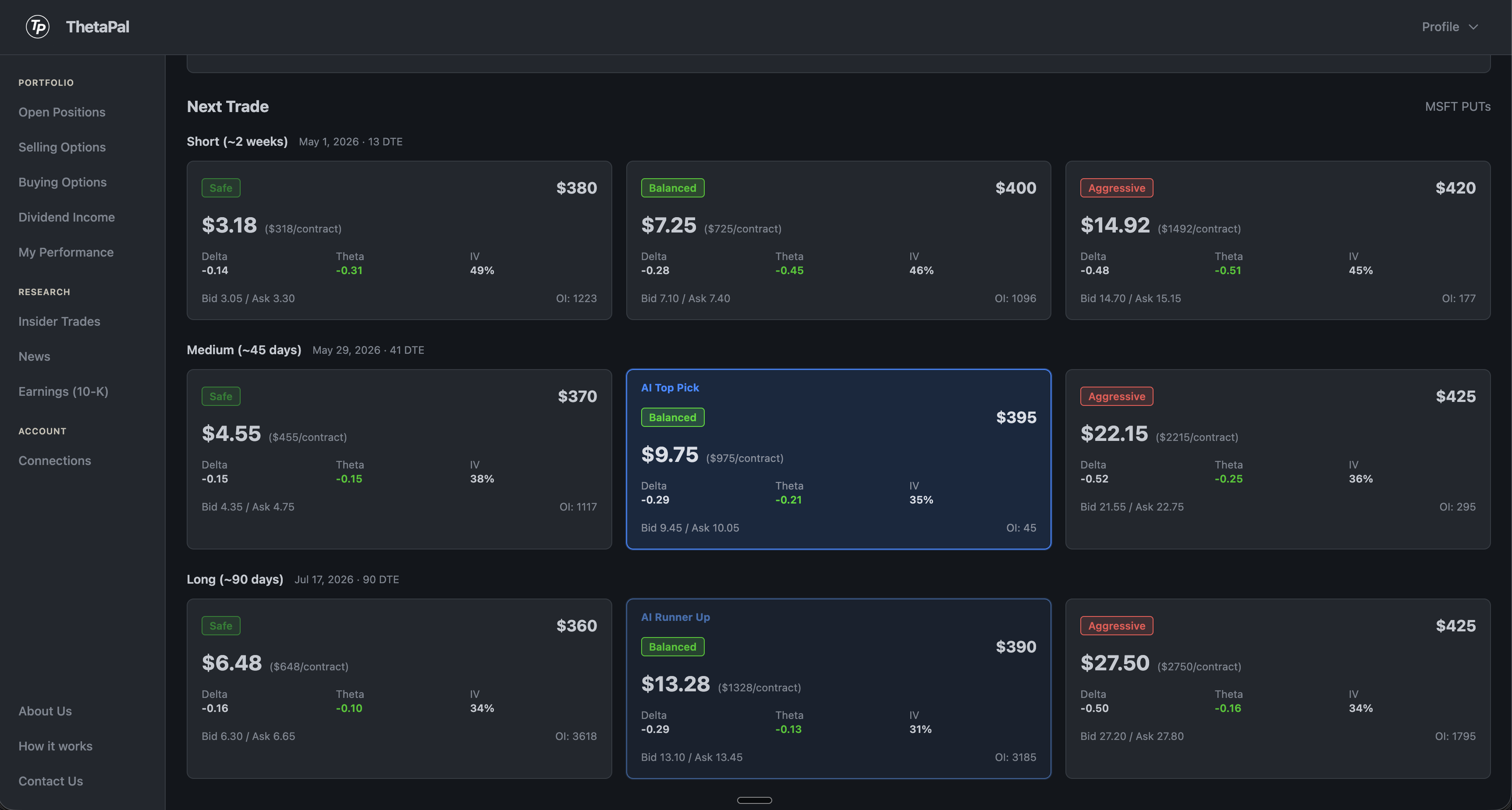 Next Trade recommendations grid showing Safe, Balanced, and Aggressive options across three expiry windows