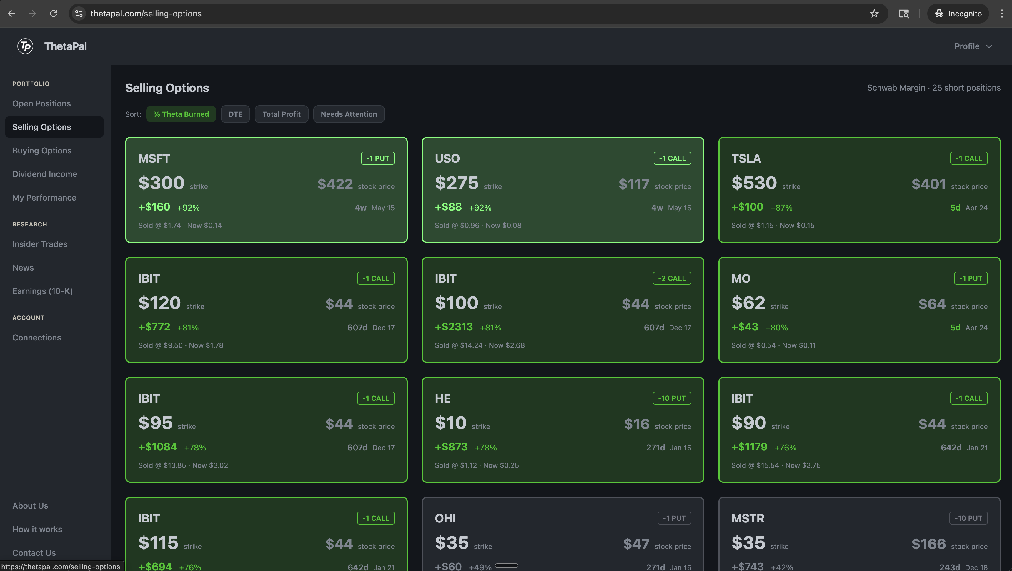 ThetaPal wheel strategy tracker showing color-coded option tiles with P&L, strike prices, and days to expiration