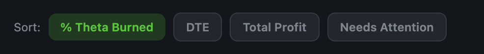 Sort options: % Theta Burned, DTE, Total Profit, Needs Attention