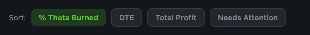 Sort options: % Theta Burned, DTE, Total Profit, Needs Attention